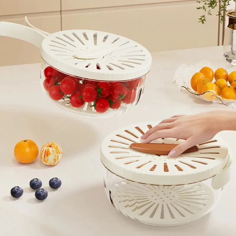 2-In-1 Fruit Drain Basket Vegetable Washing Basket with Foldable Handle Refrigerator Crisper Storage Bowl for Home Kitchen