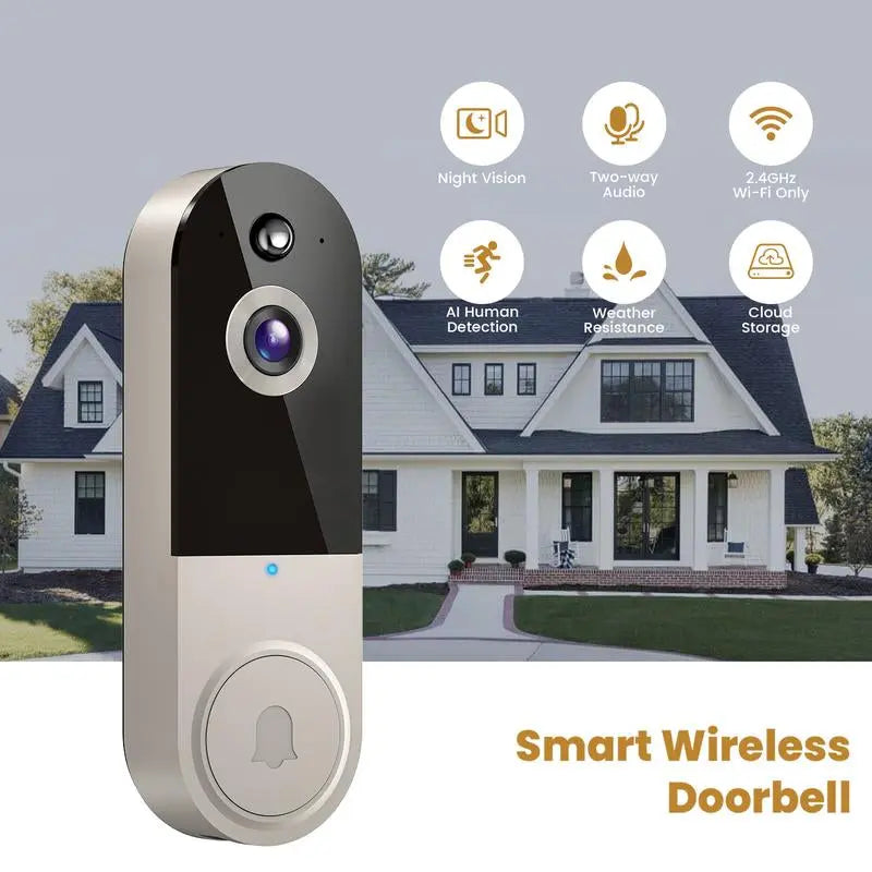 Doorbell Camera Wireless, Smart Wifi Video Doorbell, 1080P, Video Doorbell Camera with 2 Way Audio, AI Human Detection, Night Vision, Cloud Storage, Battery Powered, Chime Included, Easy Installation, 2.4G Wifi Only