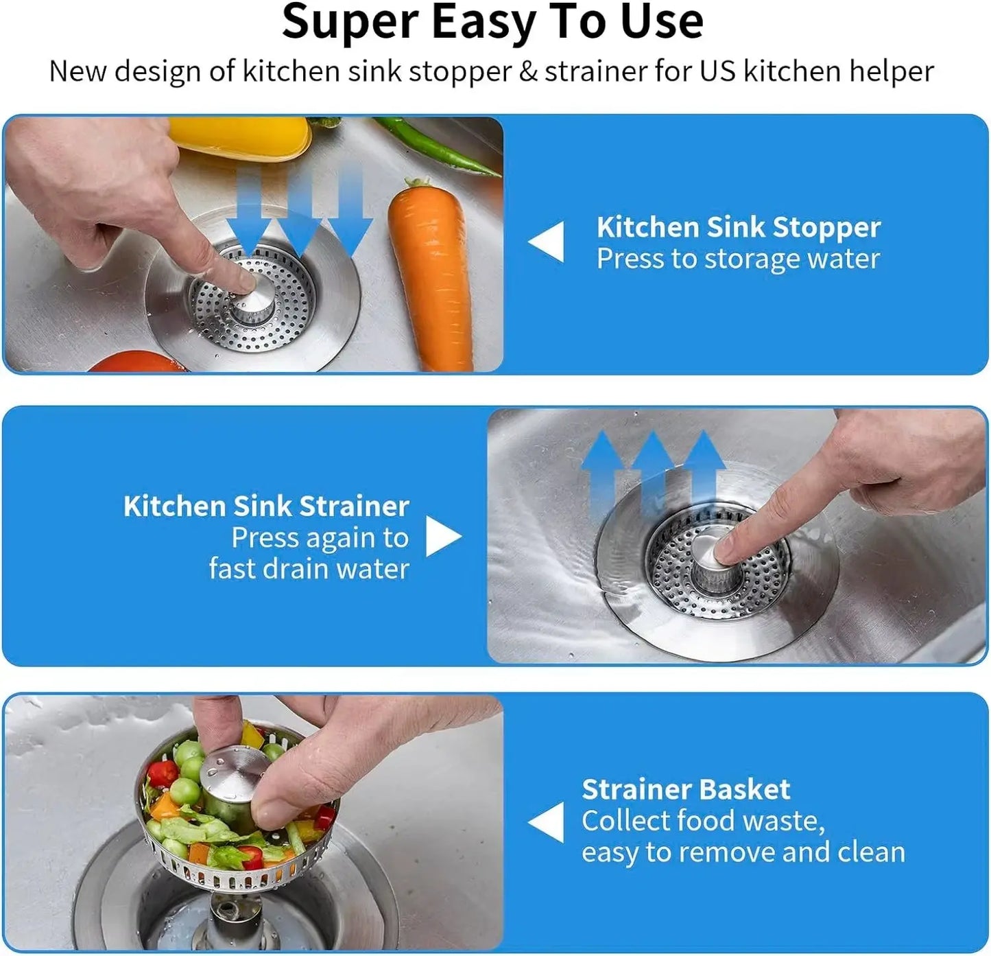 Kitchen Sink Drain Strainer Stainless Steel Pop up Sink Stopper Anti-Clogging Sink Food Catcher Basket Odor Filter Sink Plug