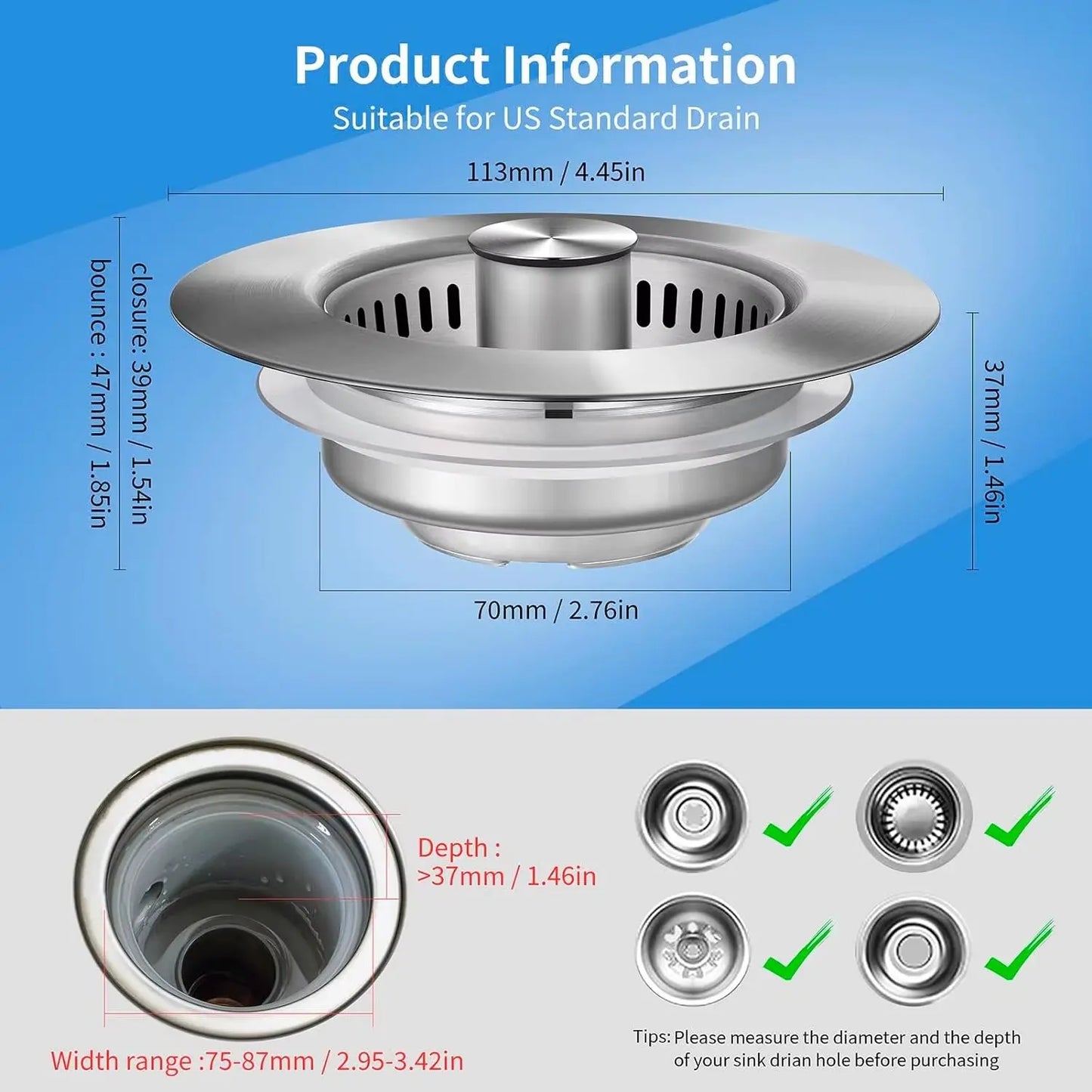 Kitchen Sink Drain Strainer Stainless Steel Pop up Sink Stopper Anti-Clogging Sink Food Catcher Basket Odor Filter Sink Plug