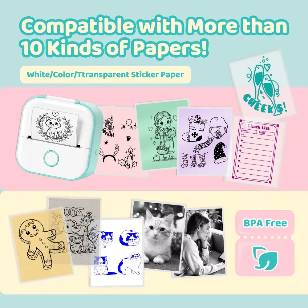 T02 Mini Thermal Printer Wireless Mini Pocket Printer, Adhesive Sticker Printer for DIY, Journal, Student Birthday Gift