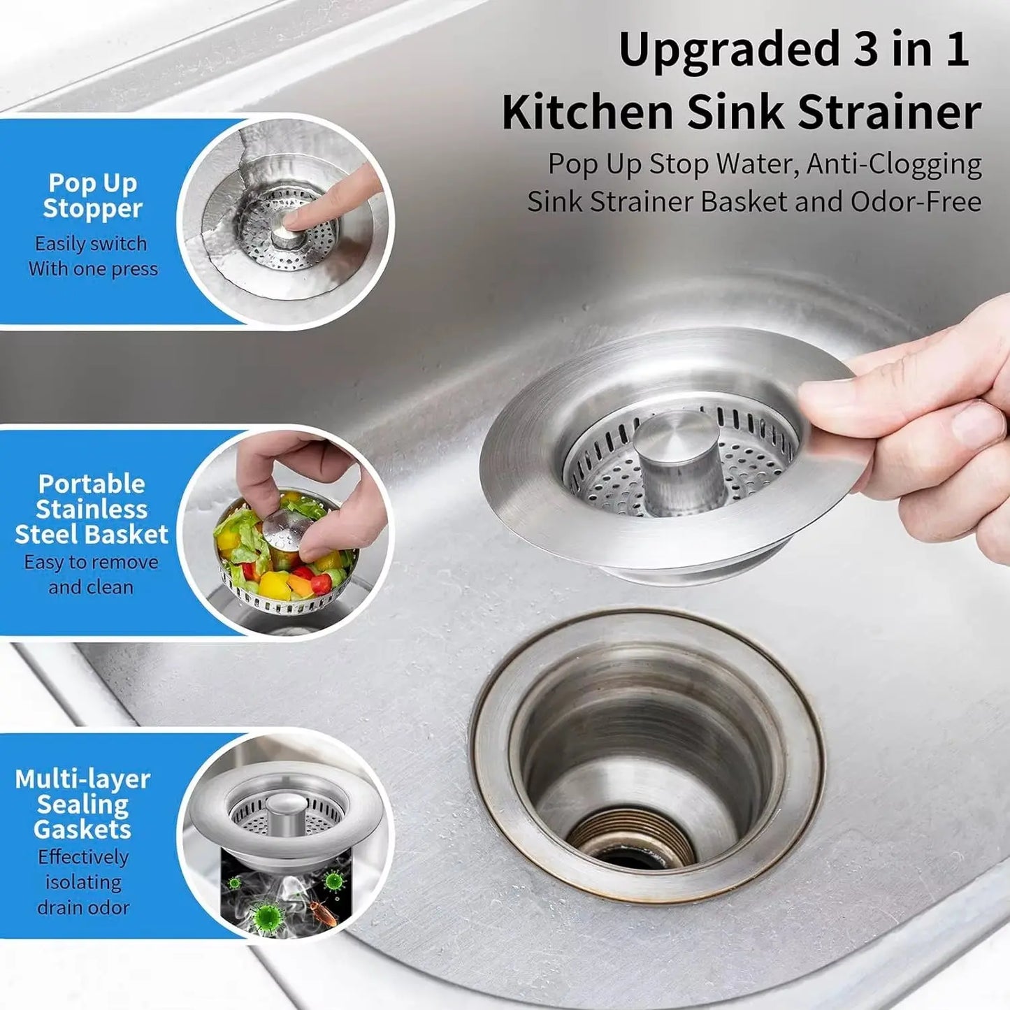 Kitchen Sink Drain Strainer Stainless Steel Pop up Sink Stopper Anti-Clogging Sink Food Catcher Basket Odor Filter Sink Plug